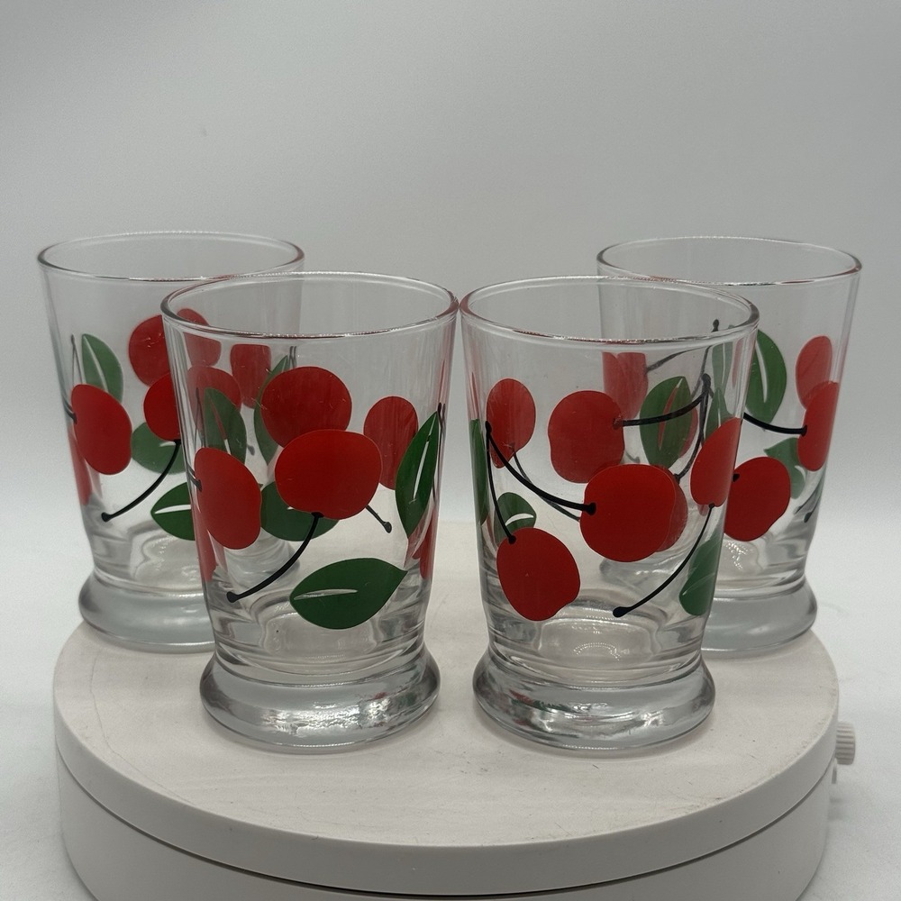 Set of 4 LIBBEY CHERRY Themed Glasses JUICE GLASS Set MCM 4" Swanky Swig Vtg EUC
